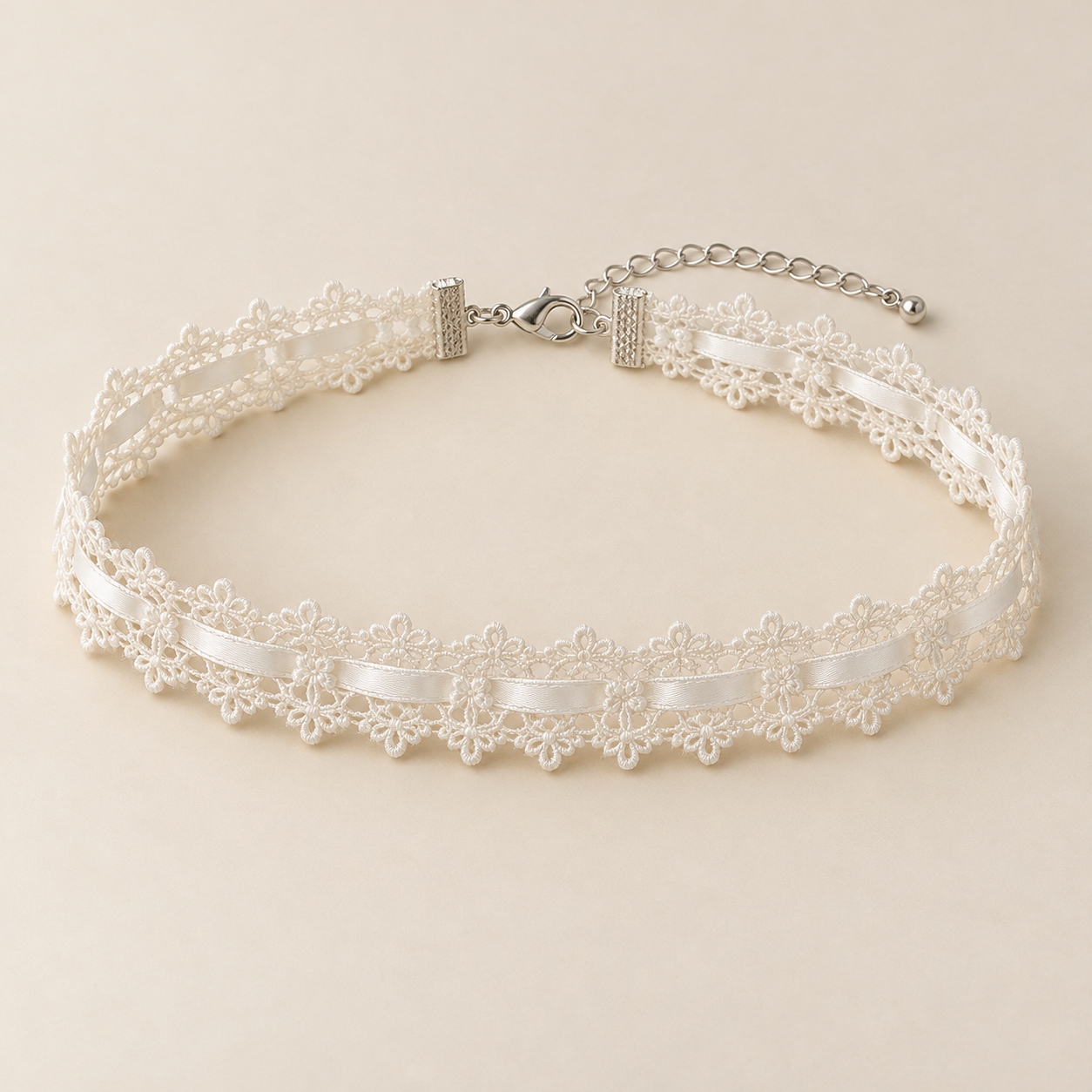 Cloud Ribbon, cream white polyester lace with two narrow horizontal satin ribbons
