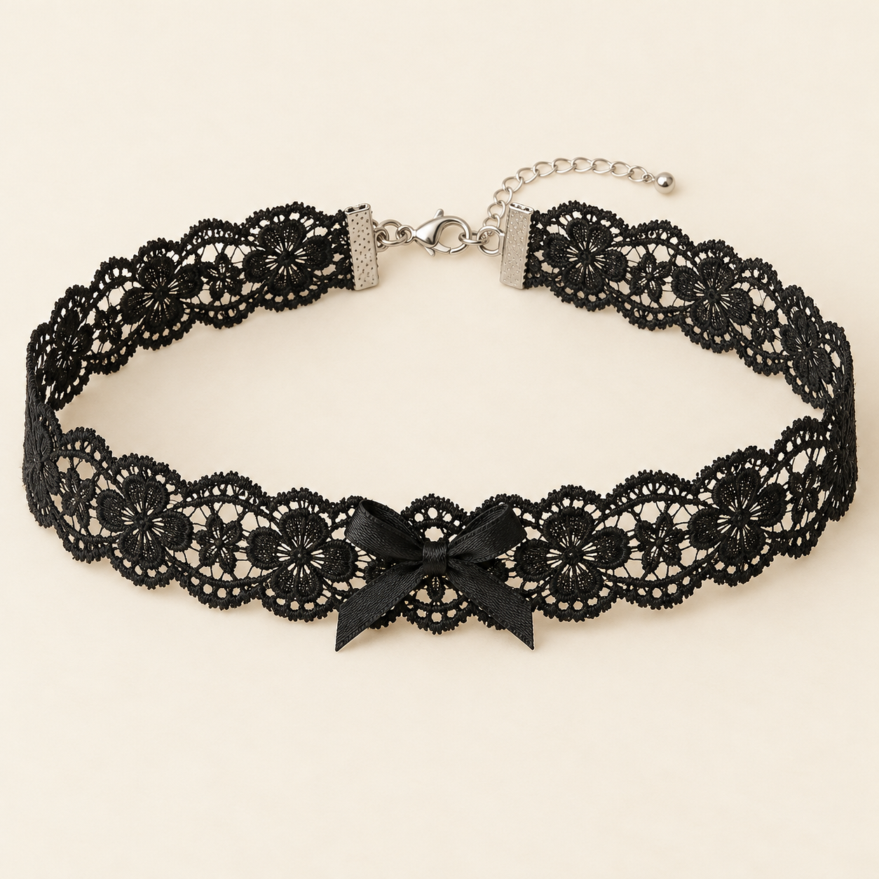 Midnight Bow, black polyester floral lace with small black satin bow